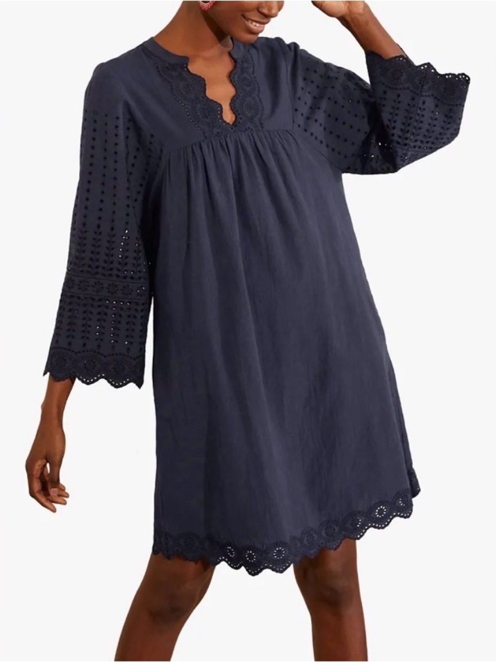 Boden Navy Blue Eyelet Embroidered Mini Dress 14 Boho Coastal Lagenlook